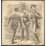 William Conor OBE RHA RUA ROI (1881-1968) "A DISCUSSION?" pen and ink on card, inscribed [my first