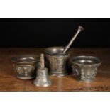 Three 16th/17th Century Bronze Mortars & A Bell: An Italian pestle & mortar cast with pairs of