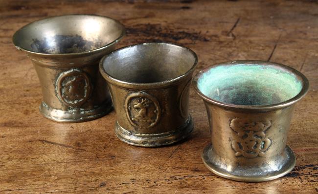 Three Small Late 17th/Early 18th Century Mortars: One of bell metal cast with rose & crown emblems,