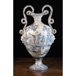 A Large Late 19th Century Italian Blue & White Maiolica Urn (A/F).