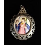 A Painted Enamelled Oval Medallion in an 18th silver locket, 3¼ in x 2½ in (8 cm x 5.5 cm).