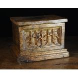 A Small Boarded Oak Gothic Style Box. The rectangular lid enclosing a tin lined interior.