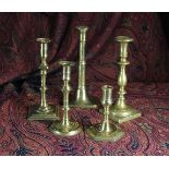 Five Various Brass Candlesticks, 18th/19th century.