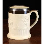 A 19th Century Relief Moulded Quart Mug with Sheffield plated rim mount stamped Thomas Law & Co.