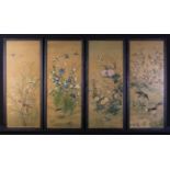 Four Antique Chinese Silk Paintings: Each panel finely executed with birds amongst clumps of