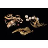 Three Gold Brooches: An 18 carat gold leaf & bow brooch set with three small rubies.