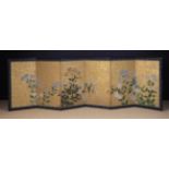 A Fine Japanese Edo Six Fold Screen painted with hydrangeas on a gilt background framed in borders