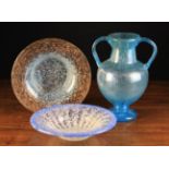 Three Pieces of Venetian Hand Blown Glass: A twin-handled baluster vase of translucent turquoise