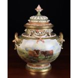 A Large Royal Worcester twin-handled Bulbous Pot Pourri Vase & Cover hand painted with highland