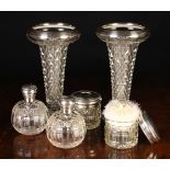 A Pair of Pressed Glass Trumpet Vases with silver rims hallmarked Birmingham 1923 with John