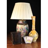 An Oriental Table Lamp, Bottle Vase, Enamelled Dish & Wooden Box.