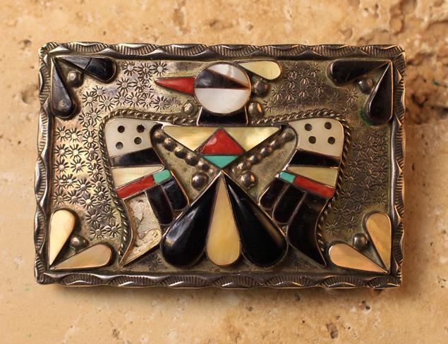 A Large and Appealing Vintage Zuni Silver Belt Buckle showing a "Hoki Bird" amongst punch-work