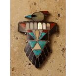 An Attractive Vintage Silver Zuni "Hopi Bird" Bolo, inlaid with turquoise, red coral,