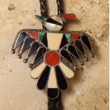 A Wonderful Vintage Zuni "Thunderbird" Bolo, inlaid with turquoise, jet and gemstones.