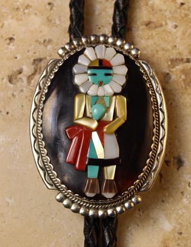 A Rare Zuni Silver, Gemstone & Tortoise shell Katchina Bolo tie by Bev Etsate, circa 1980's. Approx.