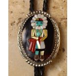 A Rare Zuni Silver, Gemstone & Tortoise shell Katchina Bolo tie by Bev Etsate, circa 1980's. Approx.