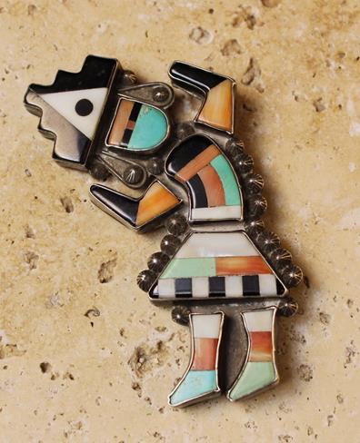 An Attractive and Decorative Vintage Zuni Silver "Rainbow God" Pin, by Leo Poblano.