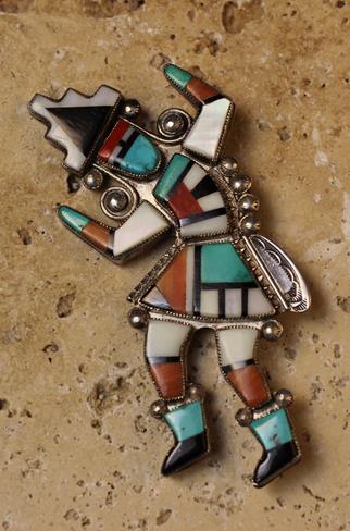 An Attractive, Impressively Sized and Highly Decorative Vintage Zuni Silver "Rainbow God" Pin.
