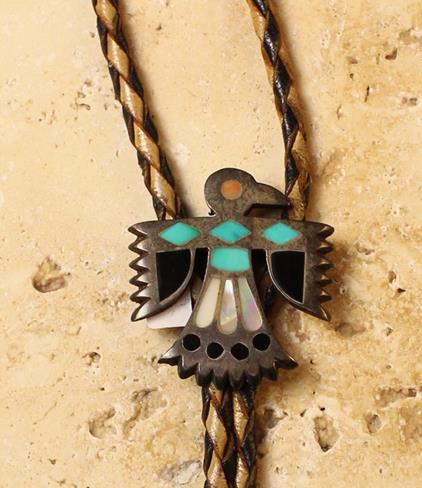 A Small Vintage "Hopi Bird" Bolo, set in silver with spondylus, turquoise, jet and coral inlay.