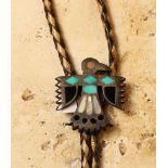 A Small Vintage "Hopi Bird" Bolo, set in silver with spondylus, turquoise, jet and coral inlay.