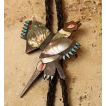 An Attractive and Rare Vintage Silver Mosaic "Pheasant" Bolo, inlaid with mother of pearl,