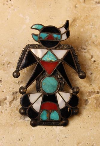 An Attractive Vintage "Hopi Bird" Bolo Tie, inlaid with turquoise, coral and jet.