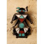 An Attractive Vintage "Hopi Bird" Bolo Tie, inlaid with turquoise, coral and jet.