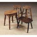 Four 19th Century Stools: A Pair of Victorian Kitchen Stools with turned circular seats on ring