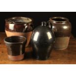 Four 19th Century Blackware Ceramic Culinary Pots: A 12 inch (30 cm) high jar,