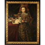 A Large 17th Century Oil on Canvas: Full length Portrait of a Young Girl dressed in finery stood