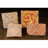 Four Mediaeval Style Ceramic Tiles; Two russet & yellow slipware tiles;