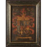 A Framed 17th Century Painted Oak Armorial Panel dated 1629 above a heraldic crest and motto 'Corna