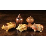 A Group of Five Pottery Money Boxes: A globular box with nipple finial and a raised pedestal base