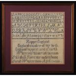 A 19th Century Sampler stitched with alphabet above verse; 'Happy England';