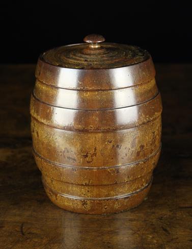 A Large Lignum Vitae Barrel-form Tobacco Jar, possibly 17th century.