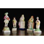 Five Early 19th Century Staffordshire Figures on square bases: A pearlware figure of a man playing