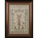 A Charming 19th Century Sampler by Doce Elliott worked with Adam & Eve flanking the Tree of Life