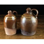 Two Late 19th Century Wetheriggs Bottles made by Schofields and decorated with bands of yellow slip