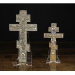 Two Antique Bronze & Enamel Icon Crosses (A/F),