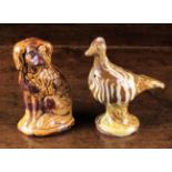 An Early 19th Century Staffordshire Agateware Bird Whistle, 6 in (15 cm) high,