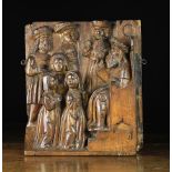 A Beautiful Flemish Walnut Retable Carving of the "Presentation of Mary in the Temple" Circa 1500.