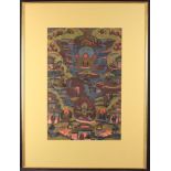 A Large Tibetan Thangka painted in gouache on fabric with figures and six-armed Protector in