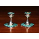 A Pair of Art Deco Silver & Turquoise Guilloché Enamel Candlesticks by Walker & Hall hallmarked