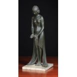 An Art Deco Style Spelter Figure of a Lady holding a spray of roses, stood on a square marble base,