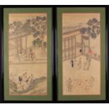 A Pair of 19th Century Chinese Paintings of Figures and Pavilions in Landscape,