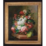 A Modern Still Life on Panel depicting a basket of flowers & fruit on a marble ledge signed Thomas