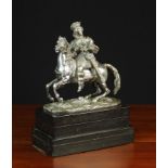 A 19th Century Silvered Brass Figure of a Knight on Horseback mounted on a stepped black marble