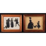 Two Good 19th Century Silhouette Paintings: One of a mother & daughter with cockerel & duck,