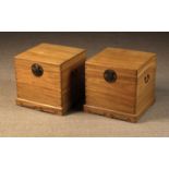 A Pair of Modern Chinese Boxes of cubic form constructed from dovetail joined golden timber and