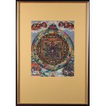 A Tibetan Thangka painted in gouache on fabric with mandala centred by a deity,